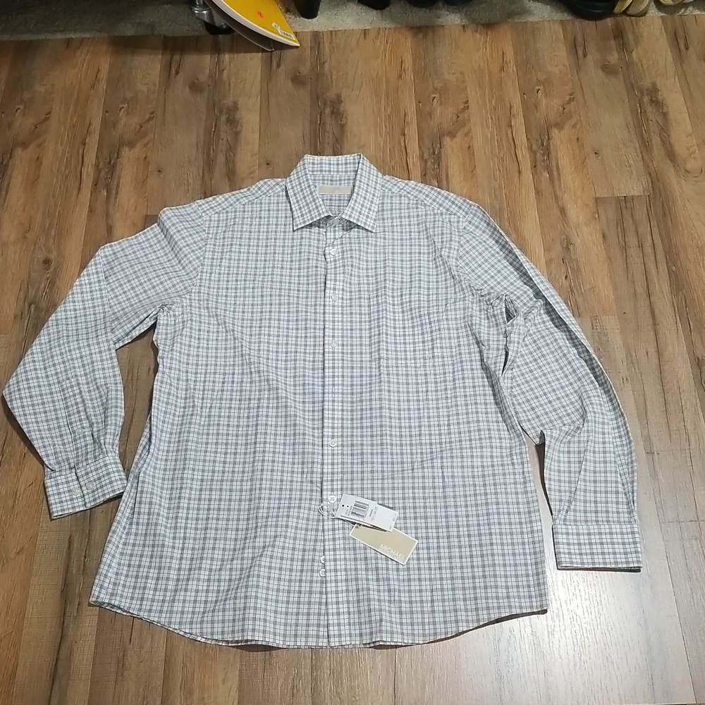 MICHAEL MICHAEL KORS White Gray Plaid Oeko-Tex Button Down Shirt in Shadow - Picture 4 of 14